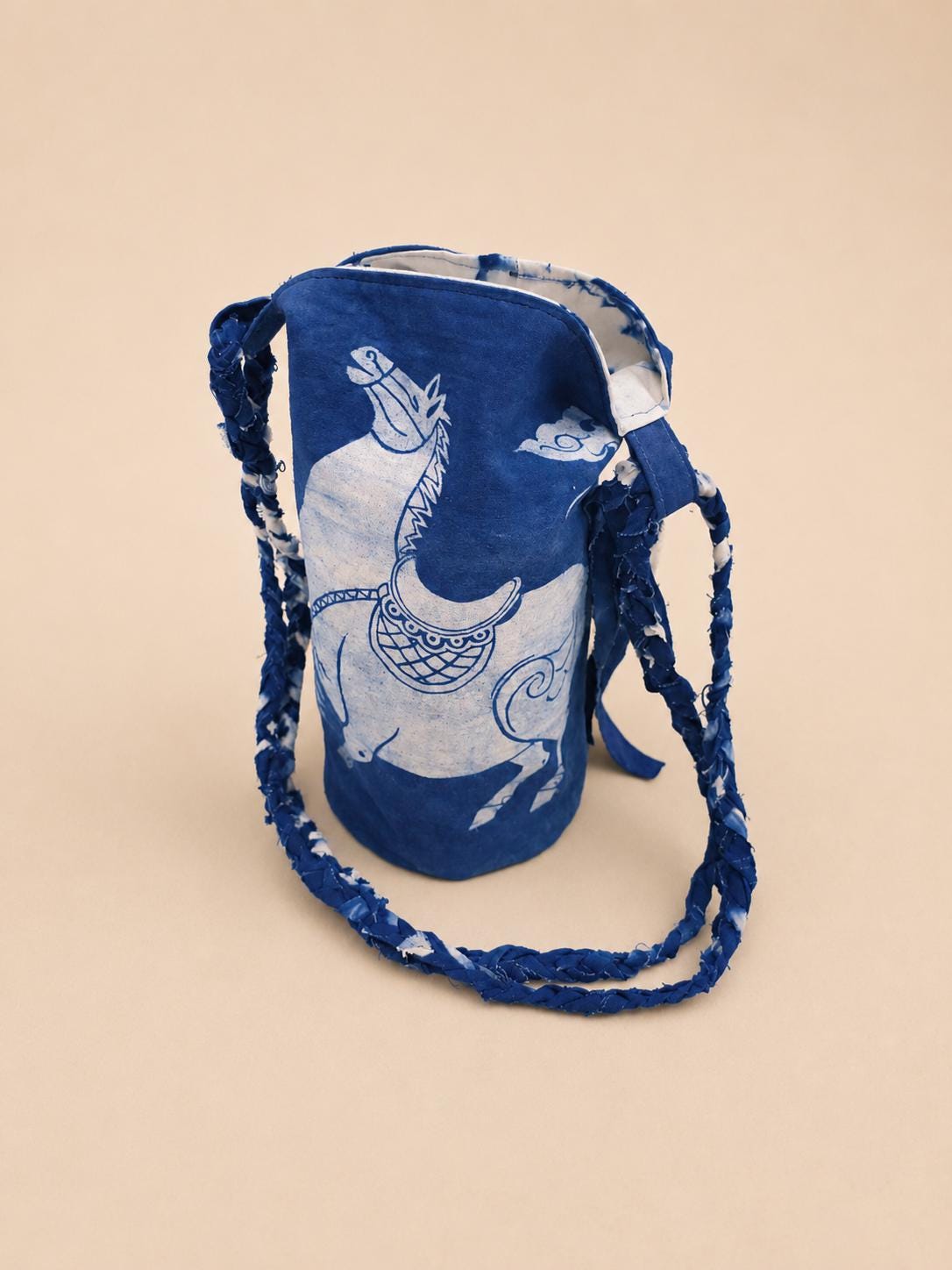 Handmade Cotton Bucket Bag | Indigo Batik Crossbody Bag | Lucky Horse Shoulder Bag | Adjustable Boho Purse | Gift for Her