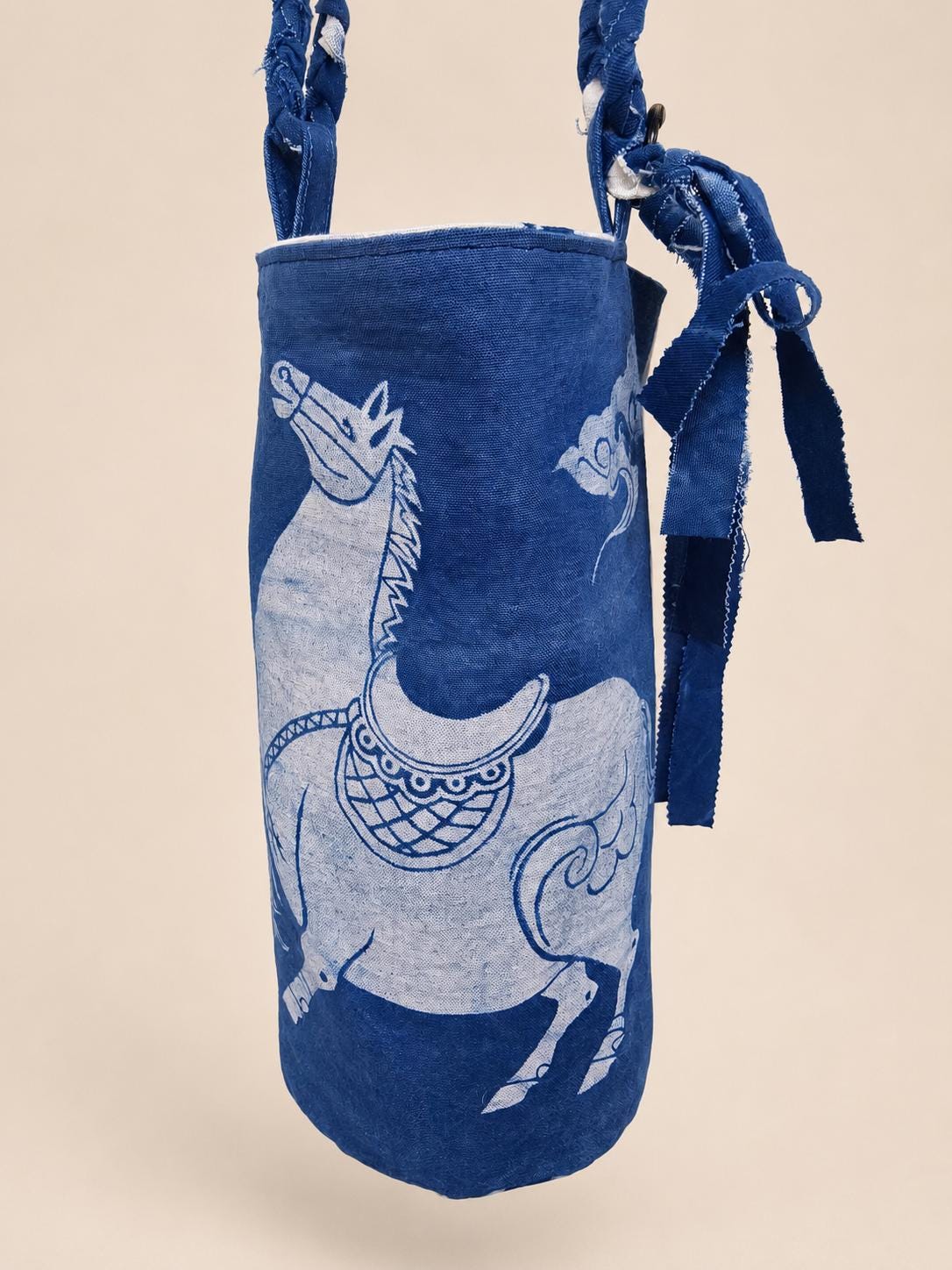 Handmade Cotton Bucket Bag | Indigo Batik Crossbody Bag | Lucky Horse Shoulder Bag | Adjustable Boho Purse | Gift for Her