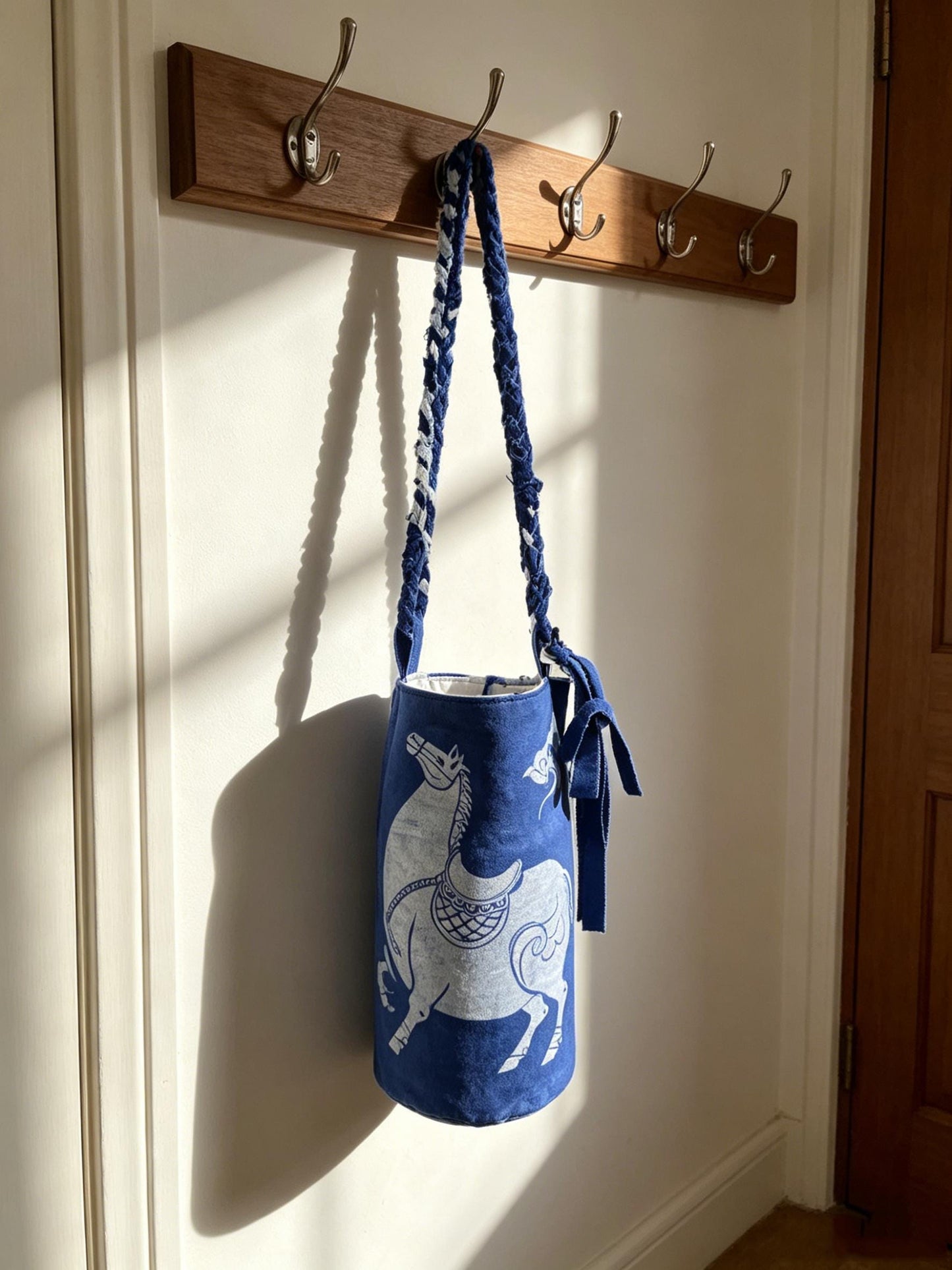 Handmade Cotton Bucket Bag | Indigo Batik Crossbody Bag | Lucky Horse Shoulder Bag | Adjustable Boho Purse | Gift for Her