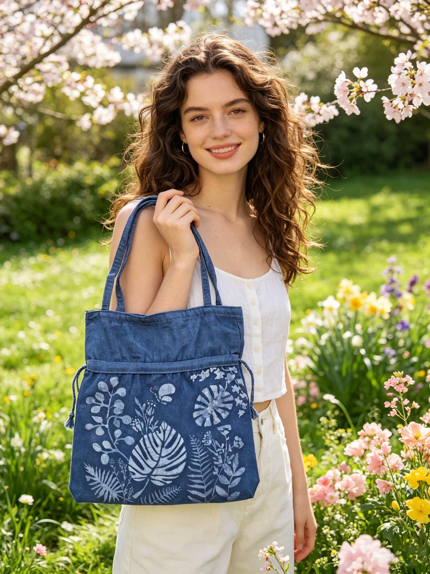 Handmade Cotton Tote Bag | Indigo Batik Botanical Tote | Wildflower Market Bag | Canvas Shoulder Tote | Gift for Her