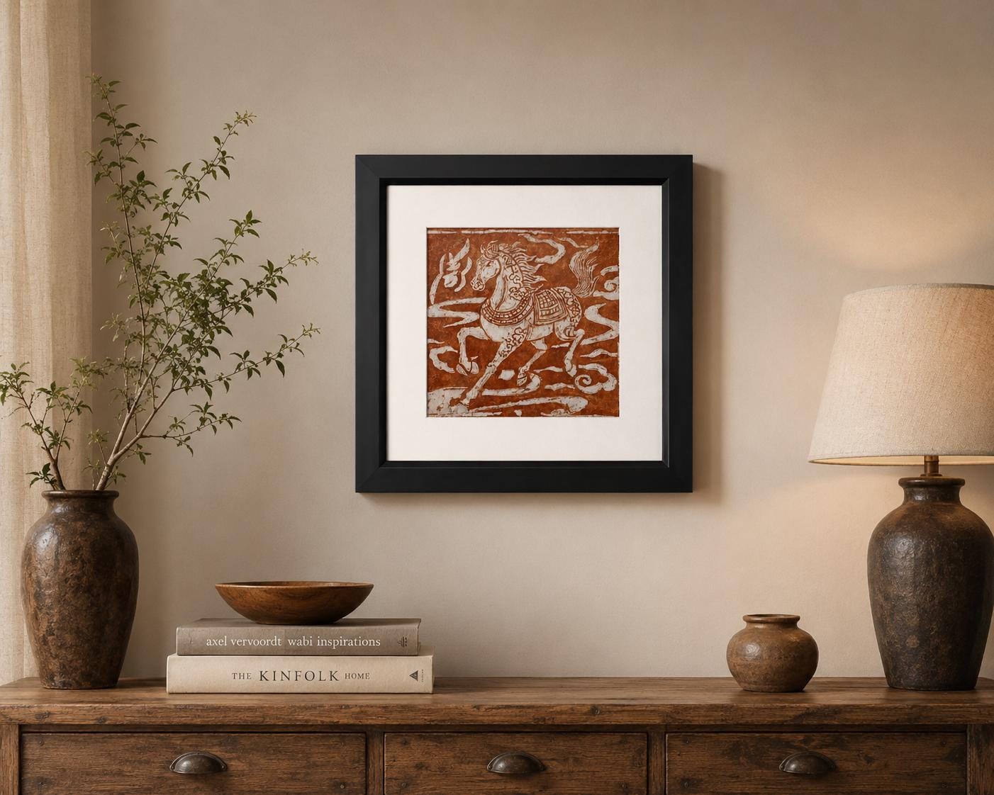 Horse Textile Wall Art | Handmade Rust-Dyed Batik Art | Rustic Equestrian Home Decor | Nature Wall Art | Housewarming Gift