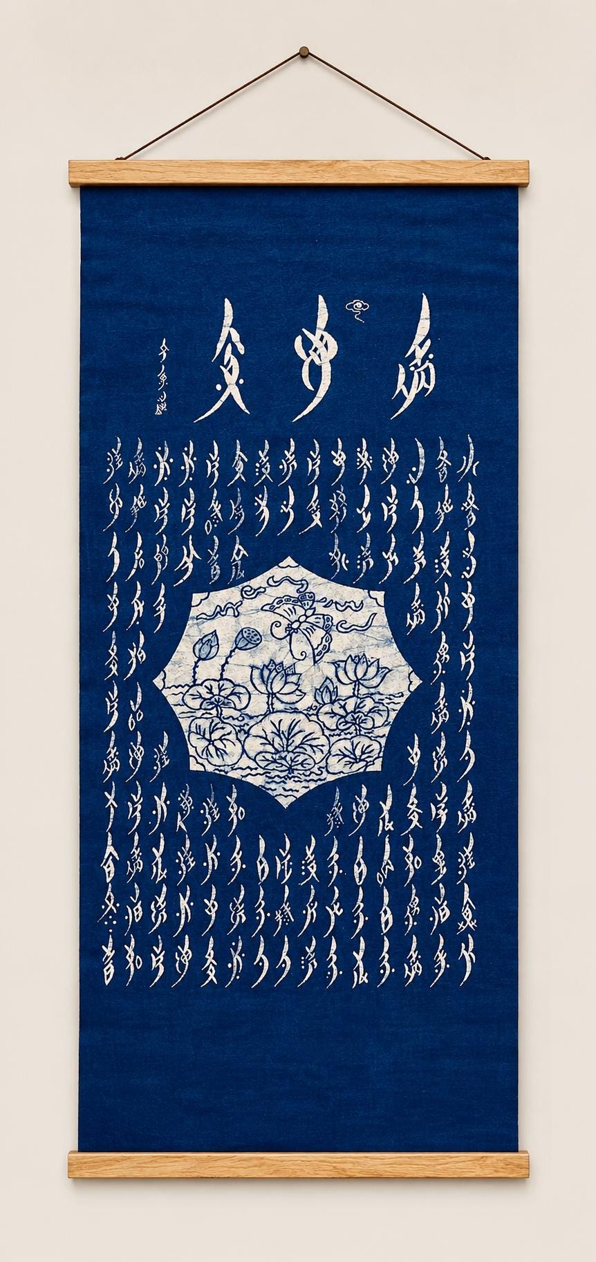 Handmade Lotus Textile Wall Art | Indigo Batik Wall Hanging | Nüshu Cultural Art | Zen Home Decor | Housewarming Gift