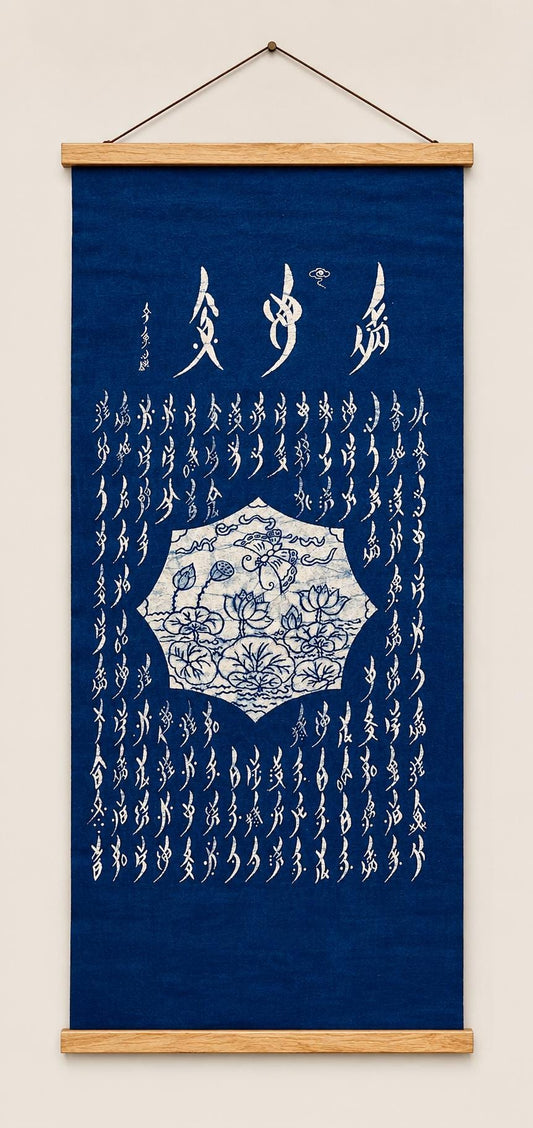 Handmade Lotus Textile Wall Art | Indigo Batik Wall Hanging | Nüshu Cultural Art | Zen Home Decor | Housewarming Gift
