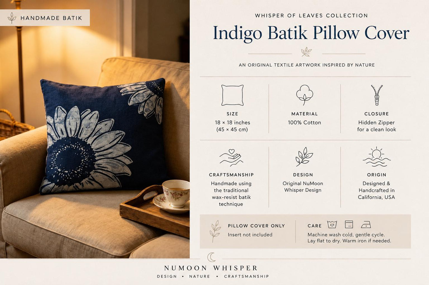 Handmade Botanical Pillow Cover | Indigo Batik Throw Pillow Cover | Cotton Cushion Cover | Wabi-Sabi Home Decor | Gift for Home