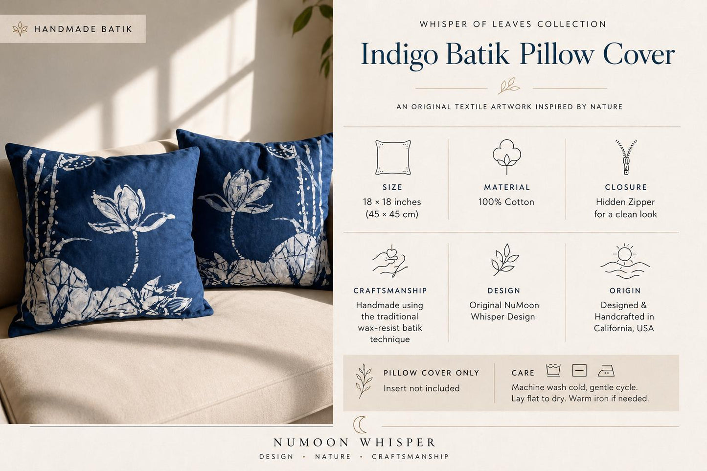 Handmade Lotus Pillow Cover | Indigo Batik Throw Pillow Cover | Cotton Cushion Cover | Wabi-Sabi Home Decor | Gift for Home
