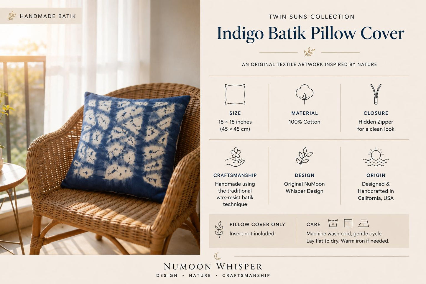 Handmade Indigo Batik Pillow Cover | Cotton Throw Pillow Cover | Modern Geometric Cushion Cover | Wabi-Sabi Home Decor | Gift for Home