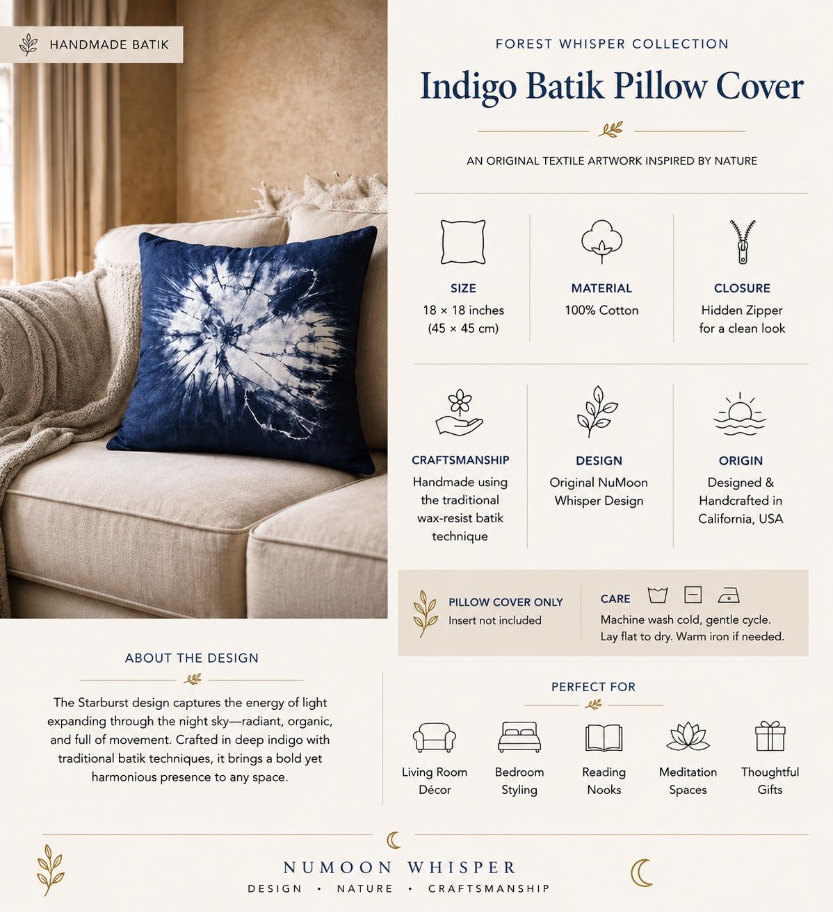 Handmade Indigo Batik Pillow Cover | Forest Throw Pillow Cover | Cotton Cushion Cover | Nature Home Decor | Gift for Home