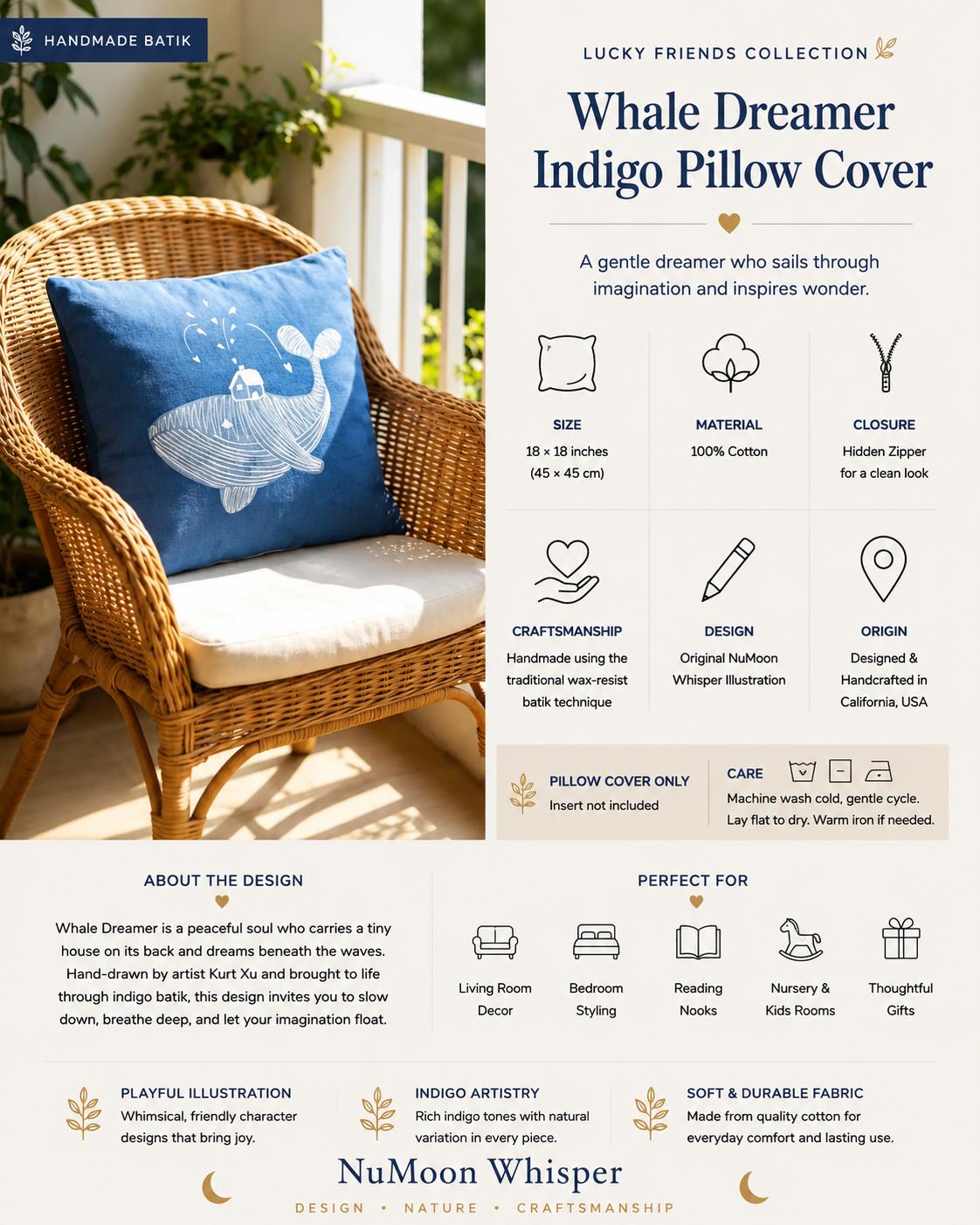 Handmade Animal Pillow Cover | Indigo Batik Throw Pillow Cover | Cotton Cushion Cover | Nursery & Kids Room Decor | Gift for Animal Lovers