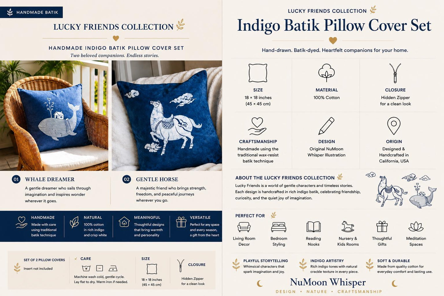 Handmade Animal Pillow Cover | Indigo Batik Throw Pillow Cover | Cotton Cushion Cover | Nursery & Kids Room Decor | Gift for Animal Lovers