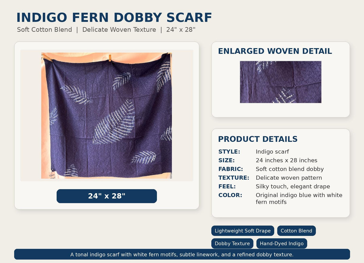 Hand-Dyed Cotton Blend Scarf | Indigo Shibori Square Scarf | Botanical Neck Scarf | Lightweight Fashion Wrap | Gift for Her