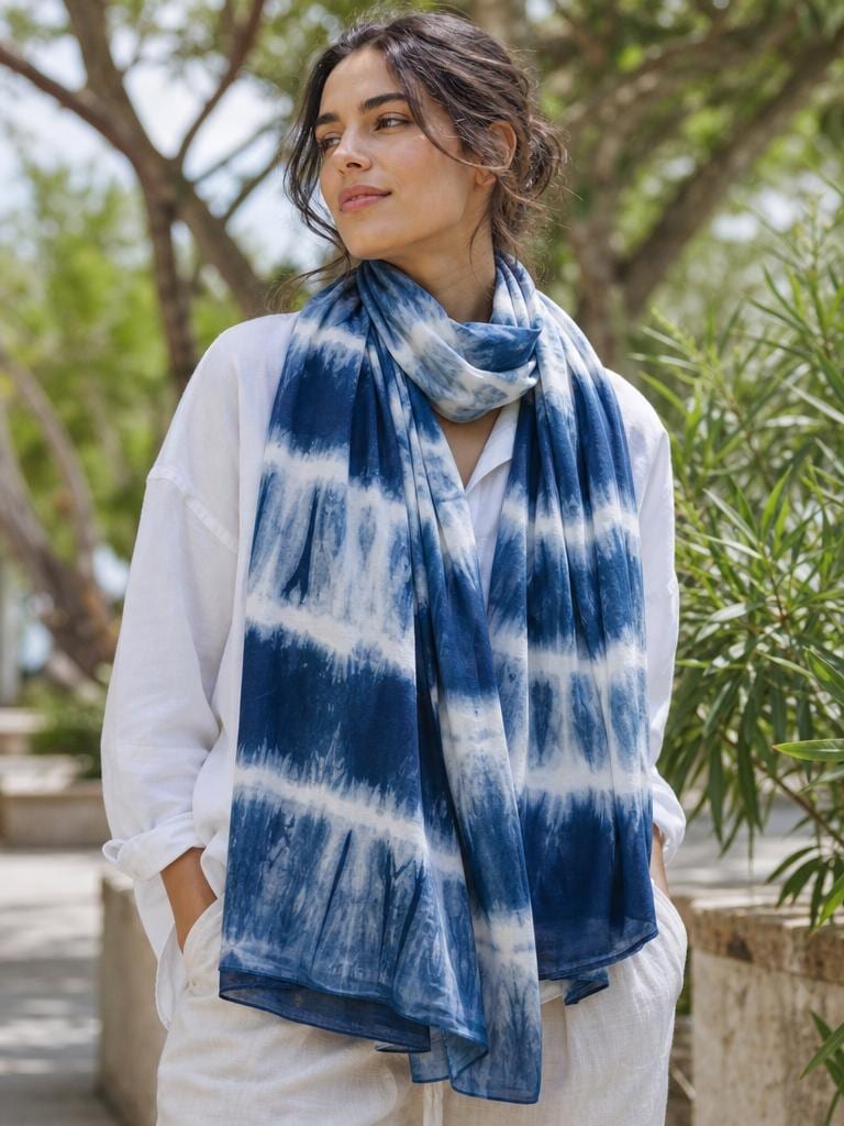 Hand-Dyed Linen Silk Scarf | Indigo Shibori Wrap | Lightweight Shawl | Travel Scarf | Gift for Her