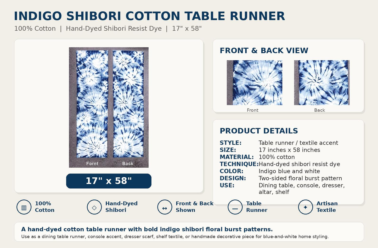 Handmade Cotton Table Runner | Indigo Shibori Table Runner | Blue & White Table Decor | Decorative Table Linen | Housewarming Gift