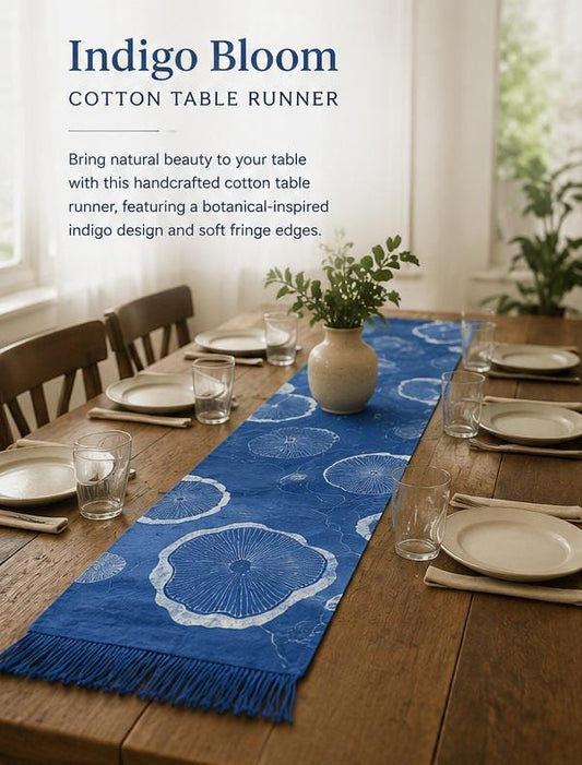 Handmade Cotton Table Runner | Indigo Batik Table Runner | Lotus Table Decor | Botanical Dining Table Runner | Housewarming Gift