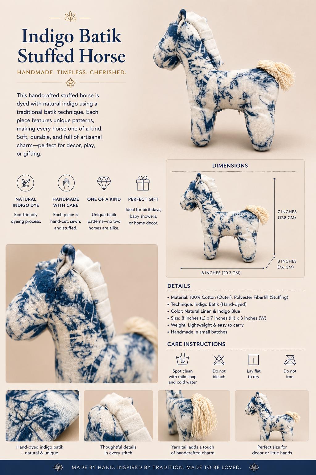 Handmade Horse Plush | Cotton Stuffed Pony | Indigo Textile Art Doll | Nursery Decor | Gift for Horse Lovers