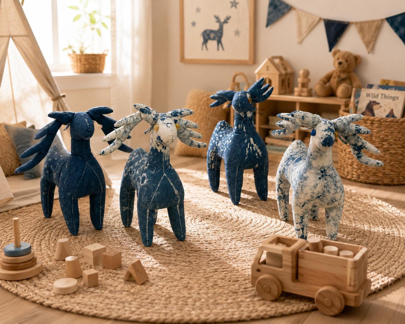 Handmade Deer Plush | Indigo Textile Art Doll | Stuffed Animal | Nursery Decor | Gift for Nature Lovers