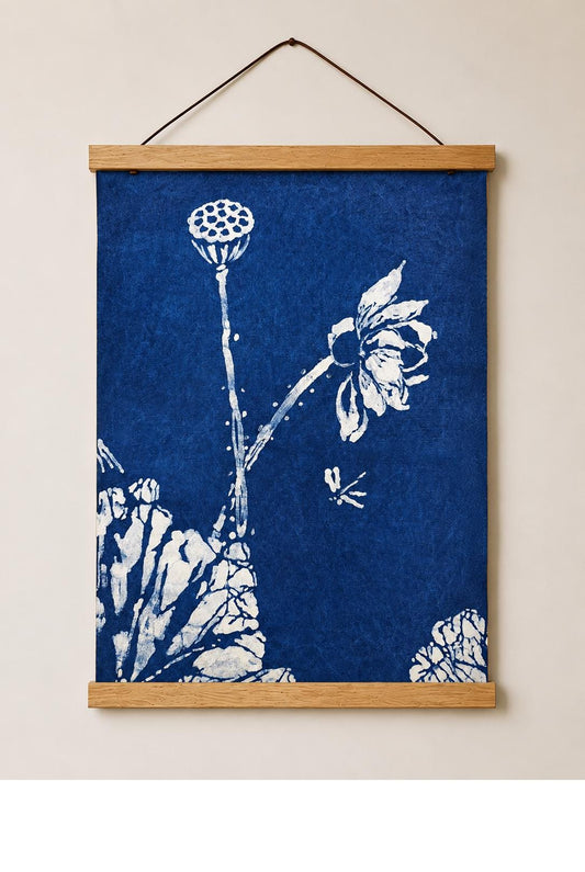 Handmade Textile Wall Art | Indigo Batik Lotus Wall Hanging | Oriental Zen Wall Decor | Botanical Textile Art | Housewarming Gift
