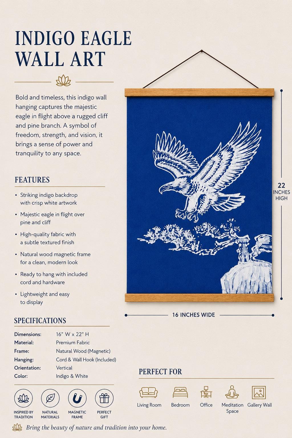Handmade Eagle Textile Wall Art | Indigo Batik Wall Hanging | Nature Wall Decor | Zen Home Decor | Housewarming Gift