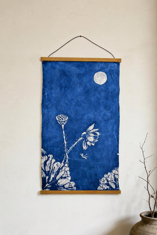 Handmade Lotus Textile Wall Art | Indigo Batik Wall Hanging | Botanical Zen Home Decor | Wabi-Sabi Wall Art | Housewarming Gift