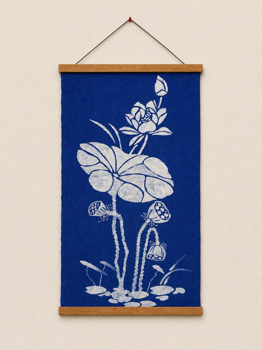 Handmade Lotus Textile Wall Art | Indigo Batik Wall Hanging | Botanical Zen Home Decor | Wabi-Sabi Wall Art | Housewarming Gift