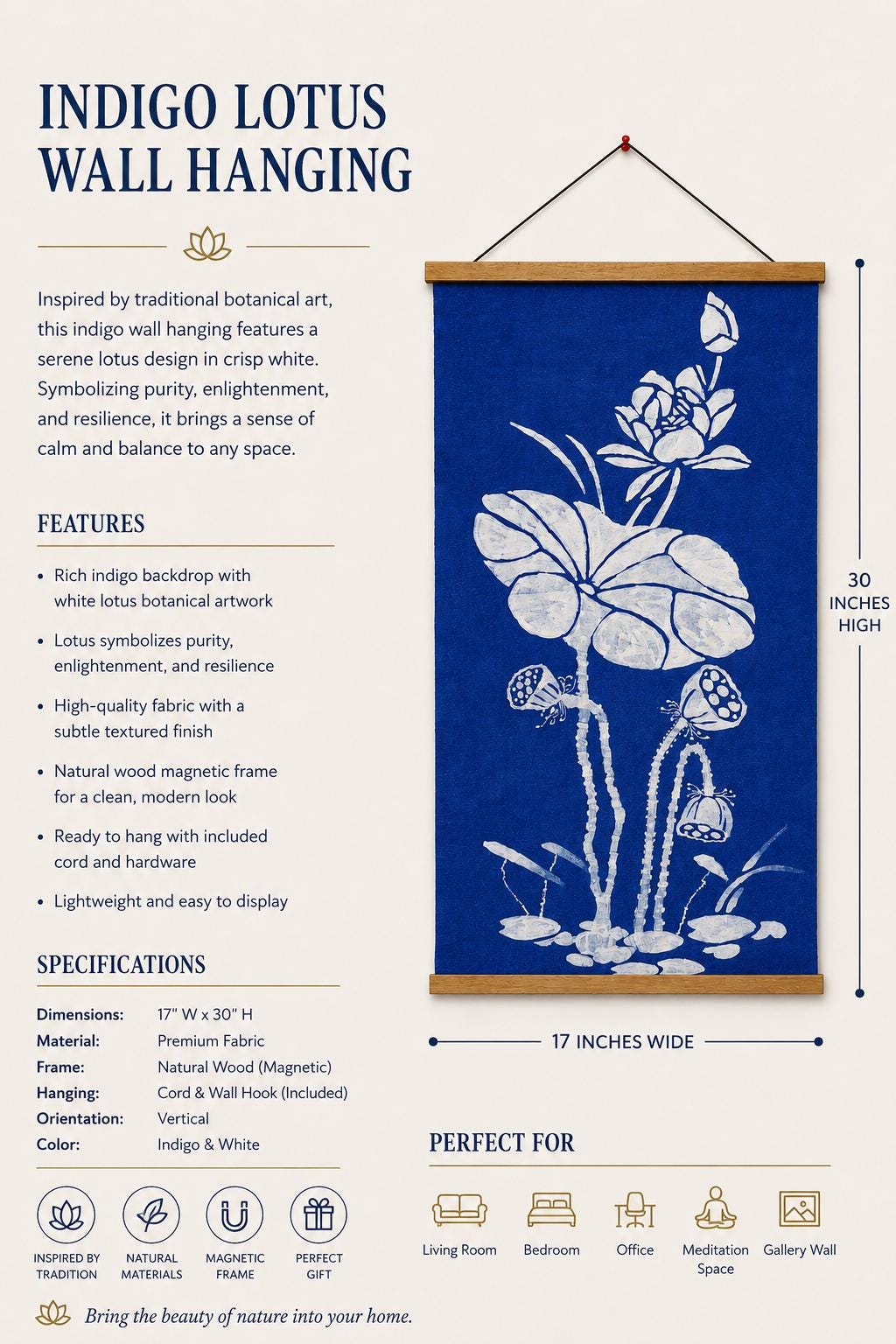 Handmade Lotus Textile Wall Art | Indigo Batik Wall Hanging | Botanical Zen Home Decor | Wabi-Sabi Wall Art | Housewarming Gift