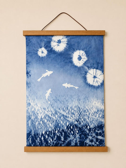 Handmade Lotus Textile Wall Art | Indigo Batik Wall Hanging | Botanical Zen Home Decor | Wabi-Sabi Wall Art | Housewarming Gift