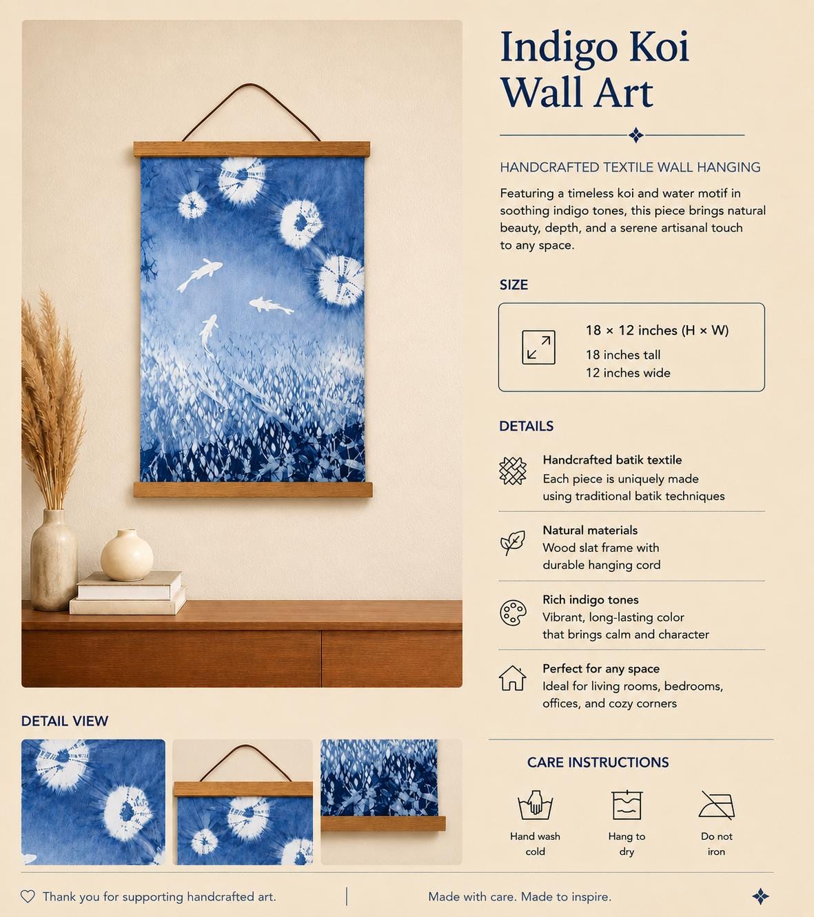 Handmade Lotus Textile Wall Art | Indigo Batik Wall Hanging | Botanical Zen Home Decor | Wabi-Sabi Wall Art | Housewarming Gift