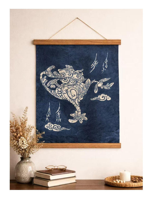 Handmade Textile Wall Art | Indigo Batik Fu Beast Wall Hanging | Nüshu Cultural Art | Zen Home Decor | Housewarming Gift