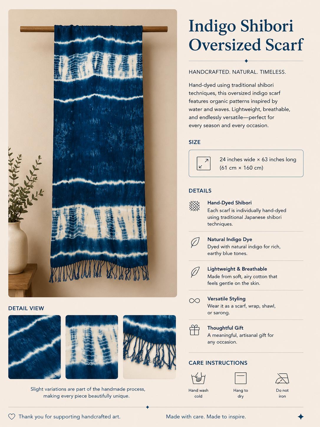 Oversized Cotton Scarf | Hand-Dyed Indigo Wrap | Lightweight Shawl | Fashion Travel Scarf | Gift for Her