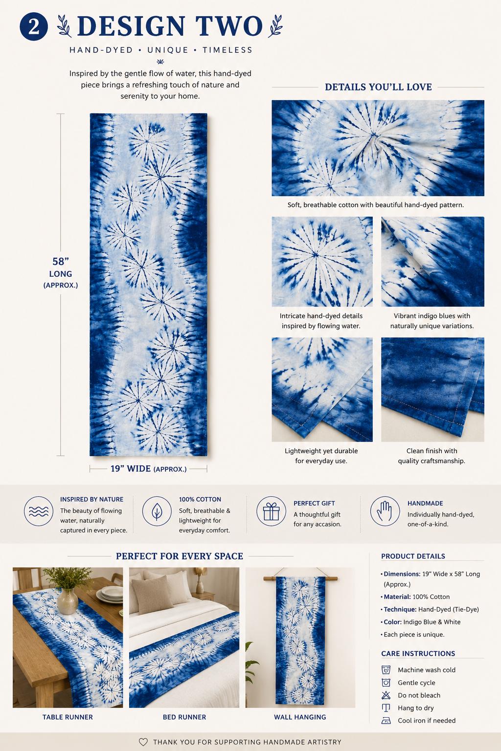Handmade Indigo Shibori Table Runner | Cotton Decorative Textile | Bed Runner | Wall Hanging | Housewarming Gift