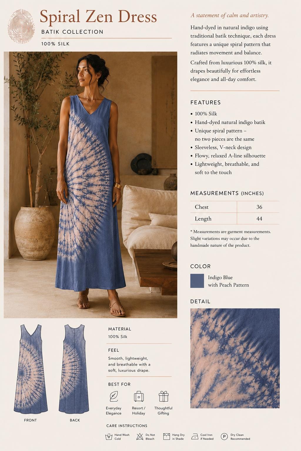 Silk Sleeveless Dress | Hand-Dyed Batik Silk Dress | Women's Resort Dress | Elegant Vacation Dress | Gift for Her