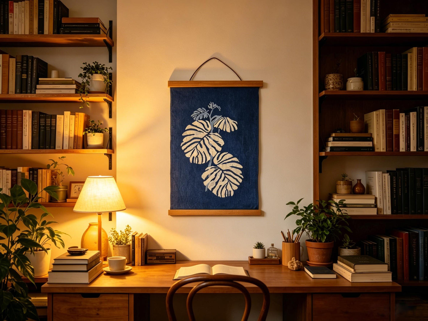 Handmade Monstera Textile Wall Art | Indigo Batik Wall Hanging | Botanical Home Decor | Wabi-Sabi Wall Art | Housewarming Gift