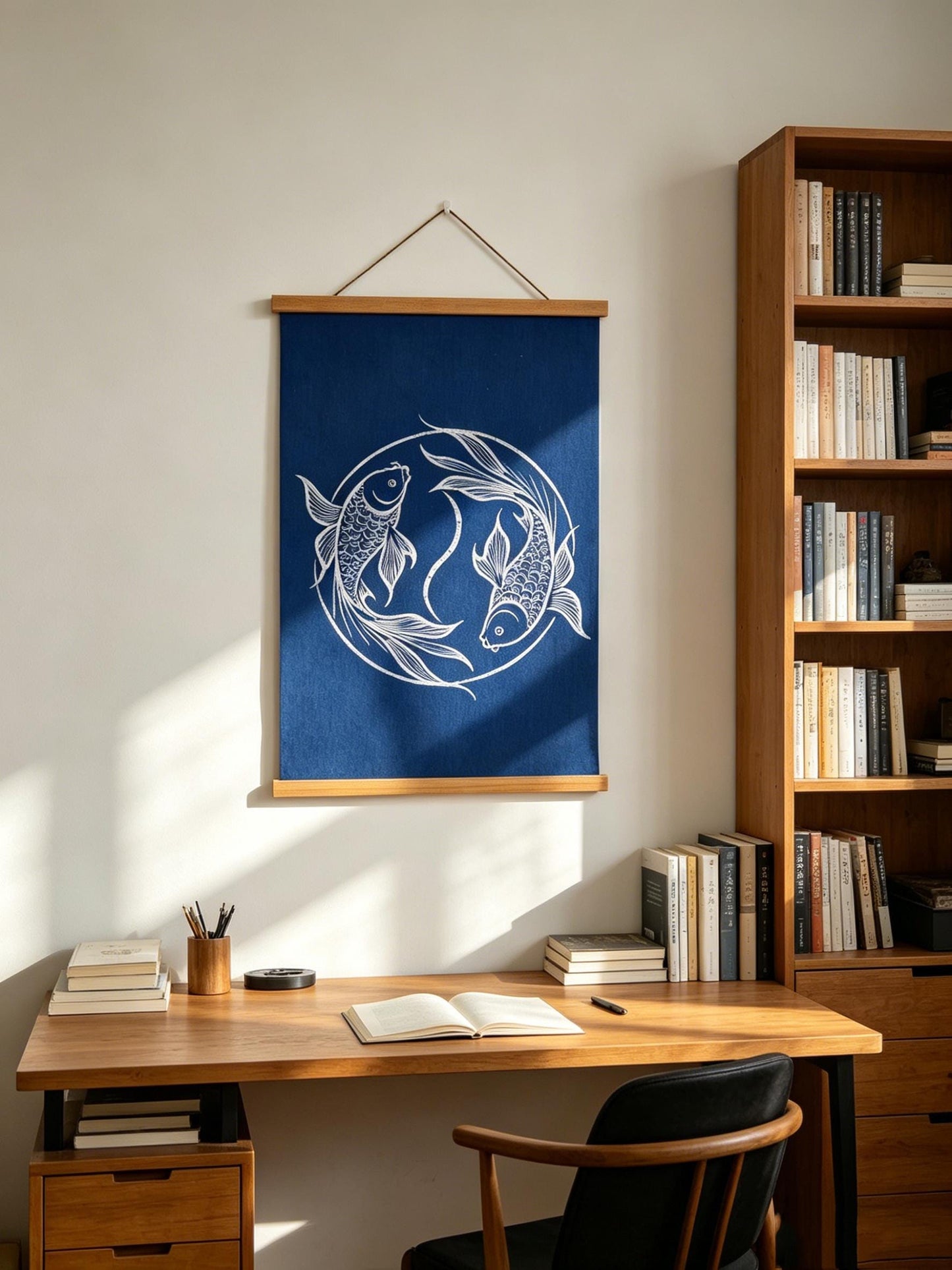 Handmade Double Fish Textile Wall Art | Indigo Batik Wall Hanging | Yin Yang Zen Home Decor | Feng Shui Wall Art | Housewarming Gift