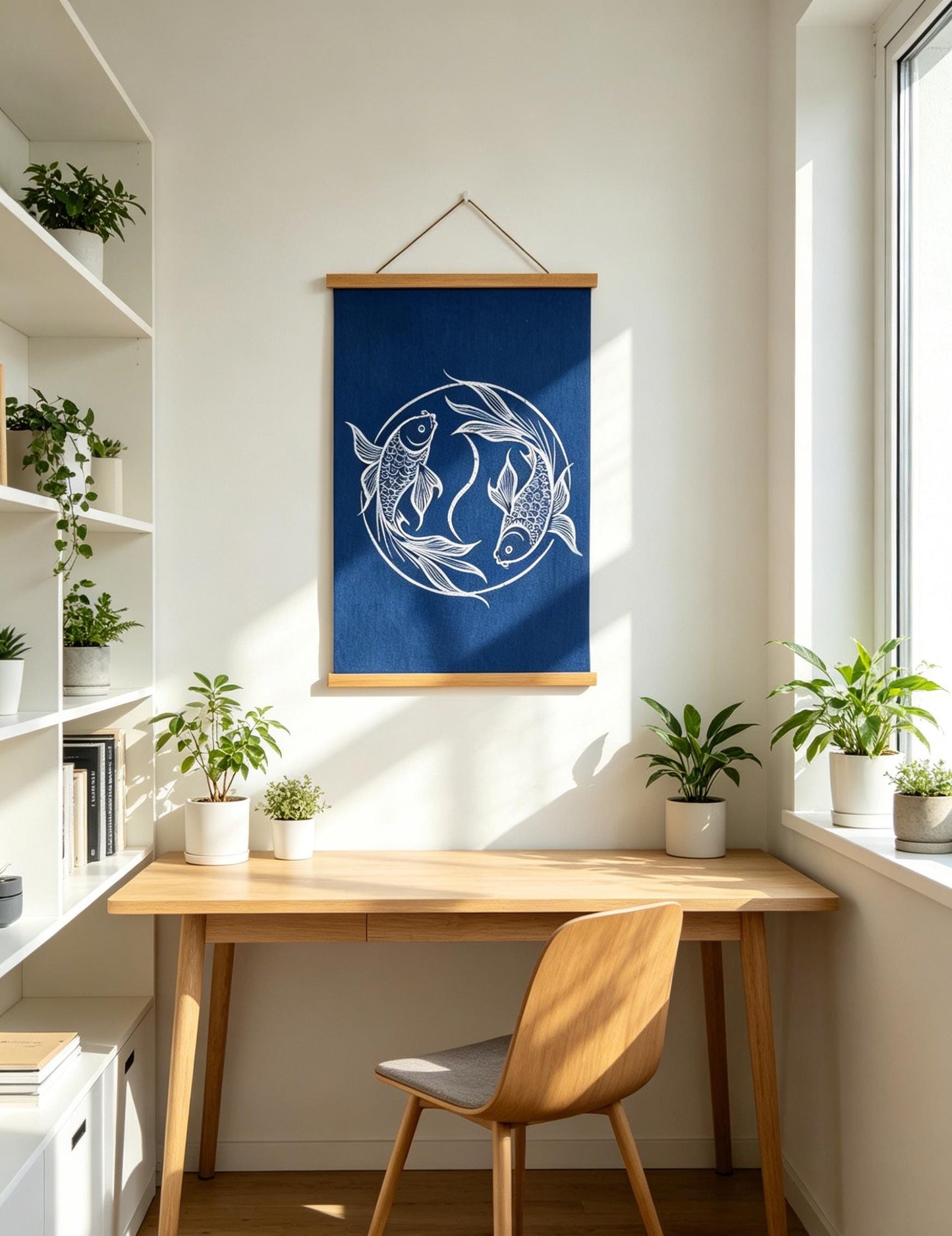 Handmade Double Fish Textile Wall Art | Indigo Batik Wall Hanging | Yin Yang Zen Home Decor | Feng Shui Wall Art | Housewarming Gift
