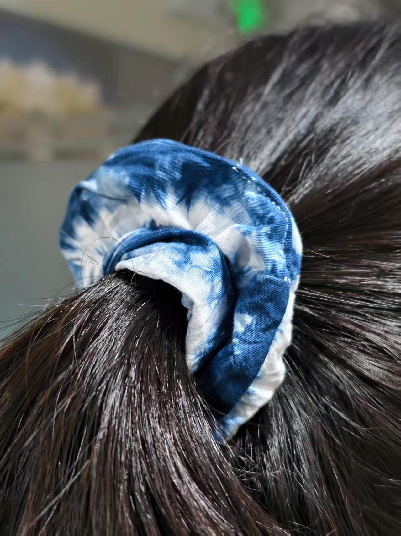 Indigo Tie Dye Scrunchie, Handmade Cotton Hair Tie, Natural Indigo Hair Accessory, Boho Scrunchie, Blue White Hair Band