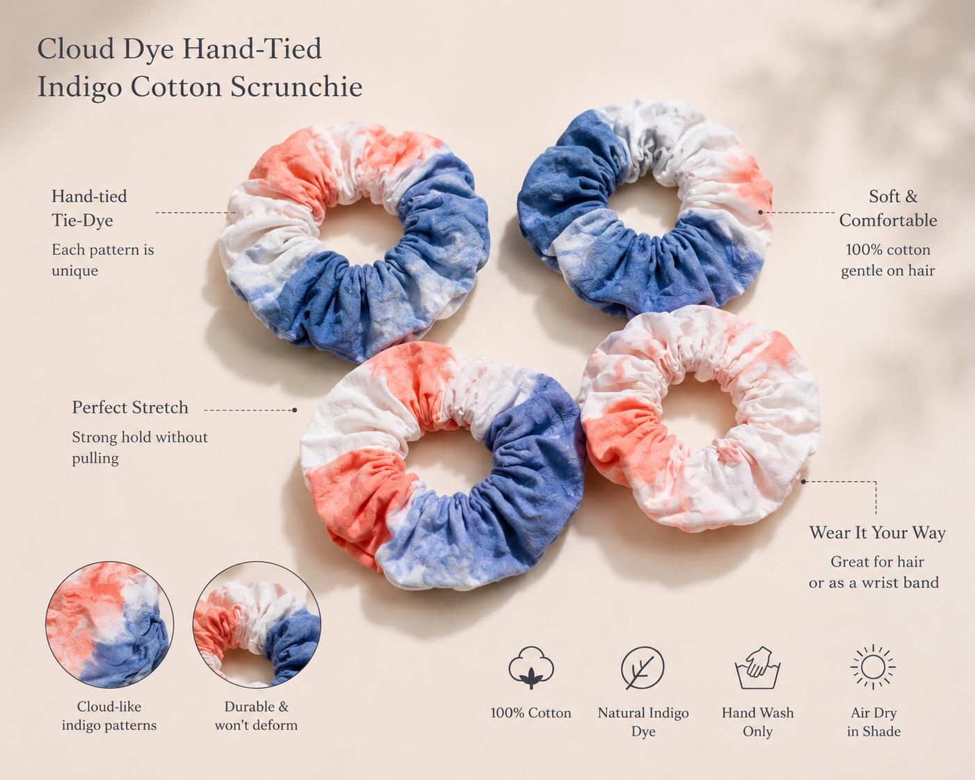 Indigo Tie Dye Scrunchie, Handmade Cotton Hair Tie, Natural Indigo Hair Accessory, Boho Scrunchie, Blue White Hair Band