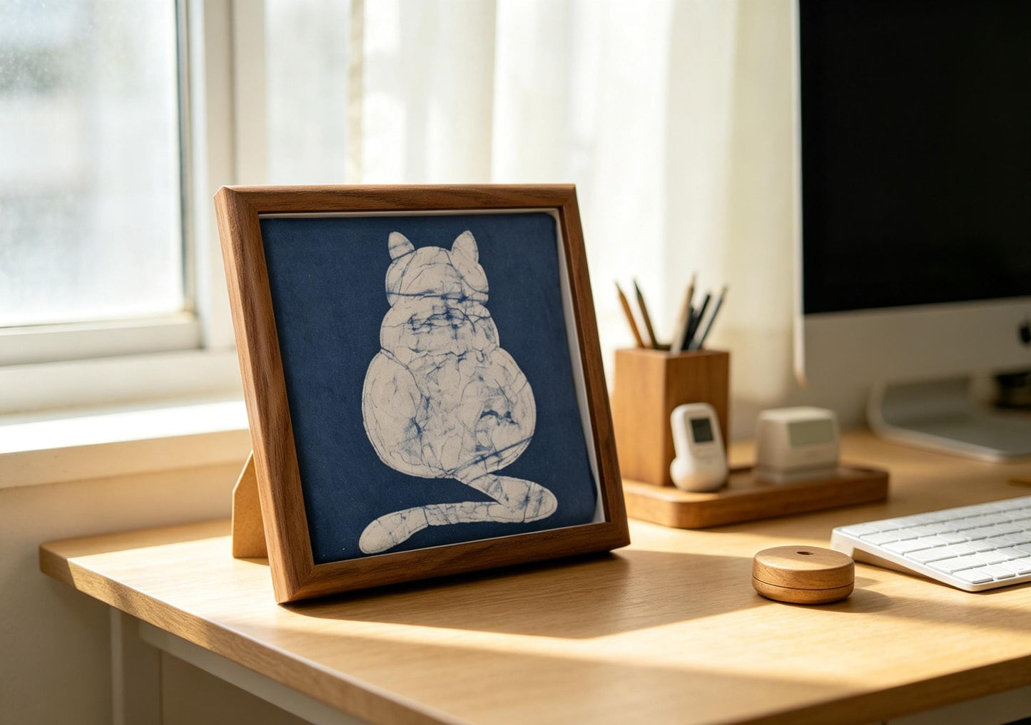Handmade Cat Textile Wall Art | Indigo Batik Cat Wall Hanging | Framed Cat Decor | Gift for Cat Lovers | Housewarming Gift