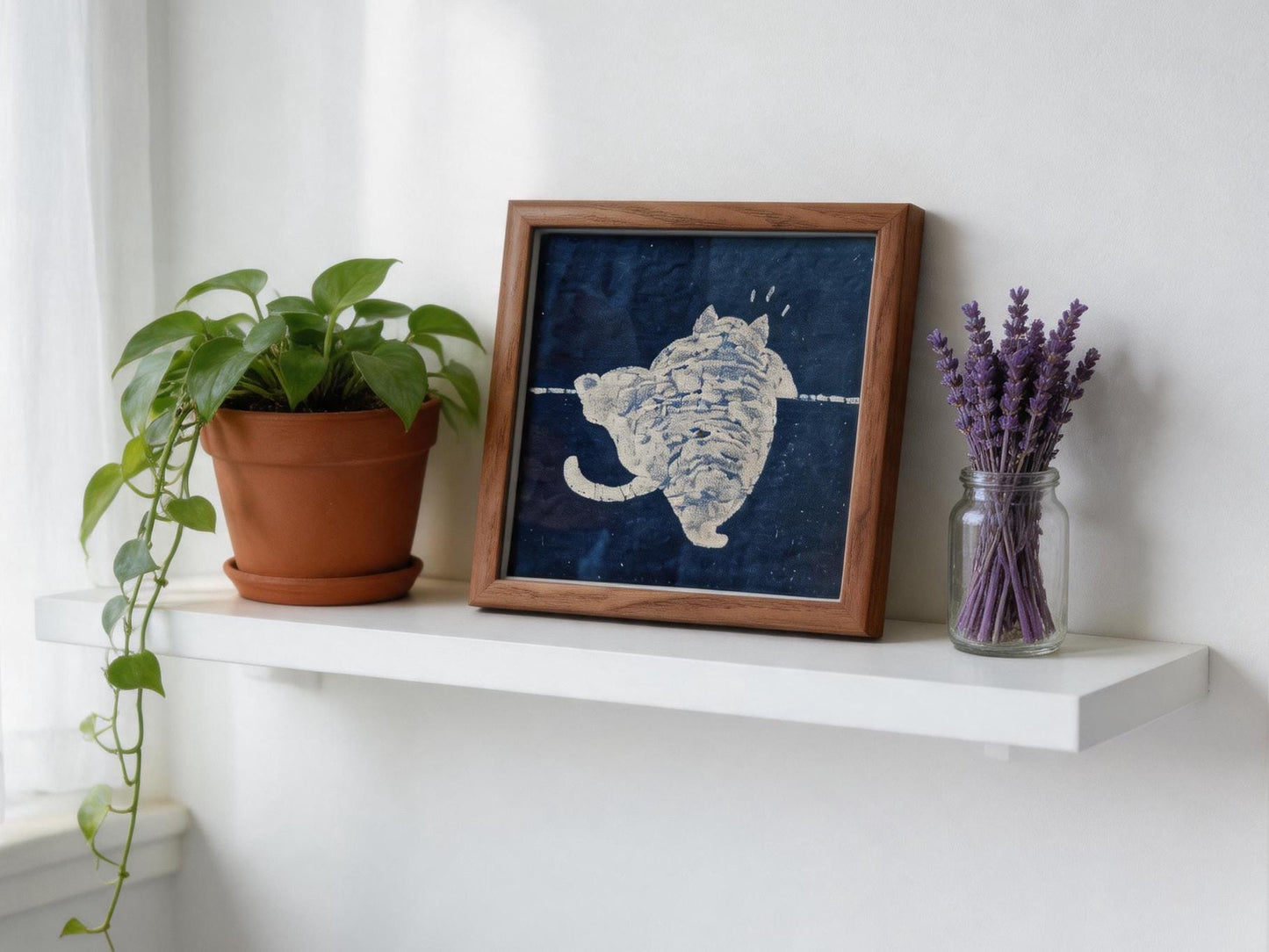 Handmade Cat Textile Wall Art | Indigo Batik Cat Wall Hanging | Framed Cat Decor | Gift for Cat Lovers | Housewarming Gift
