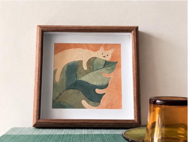 Handmade Cat Textile Wall Art | Lazy Cat Batik Wall Art | Framed Cat Decor | Cozy Home Decor | Gift for Cat Lovers