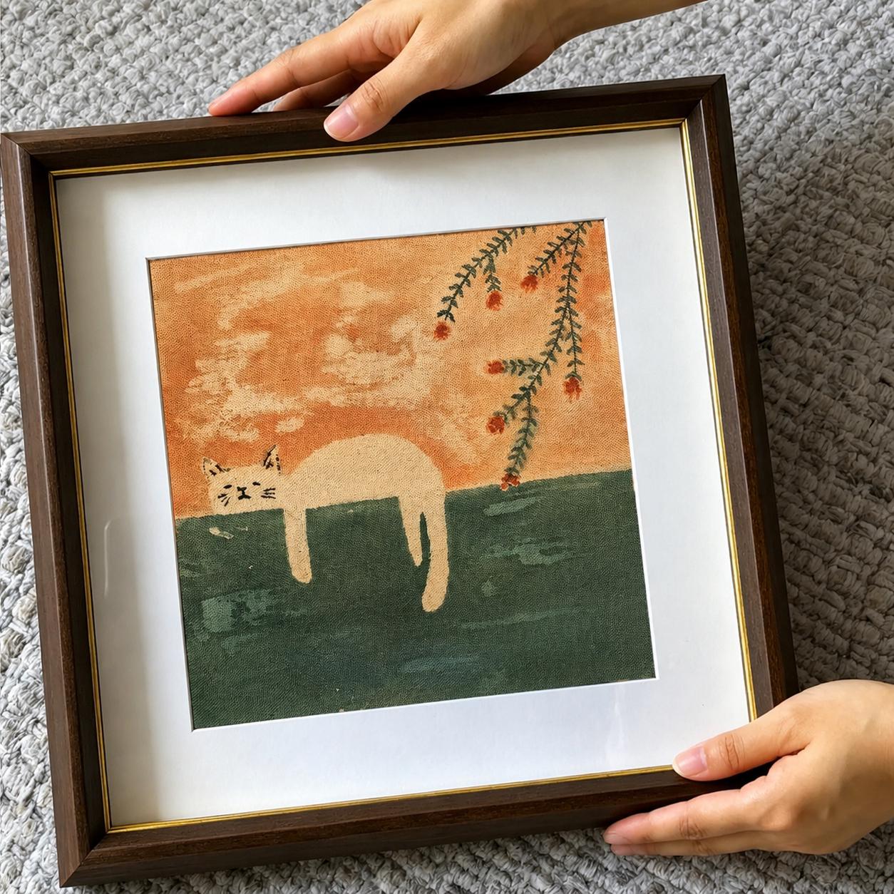 Handmade Cat Textile Wall Art | Lazy Cat Batik Wall Art | Framed Cat Decor | Cozy Home Decor | Gift for Cat Lovers
