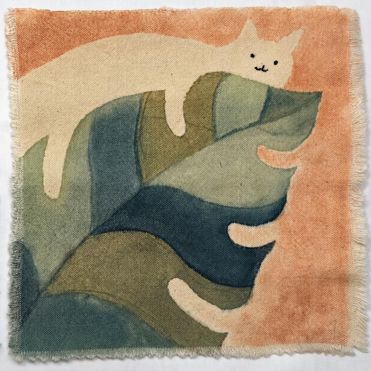 Handmade Cat Textile Wall Art | Lazy Cat Batik Wall Art | Framed Cat Decor | Cozy Home Decor | Gift for Cat Lovers
