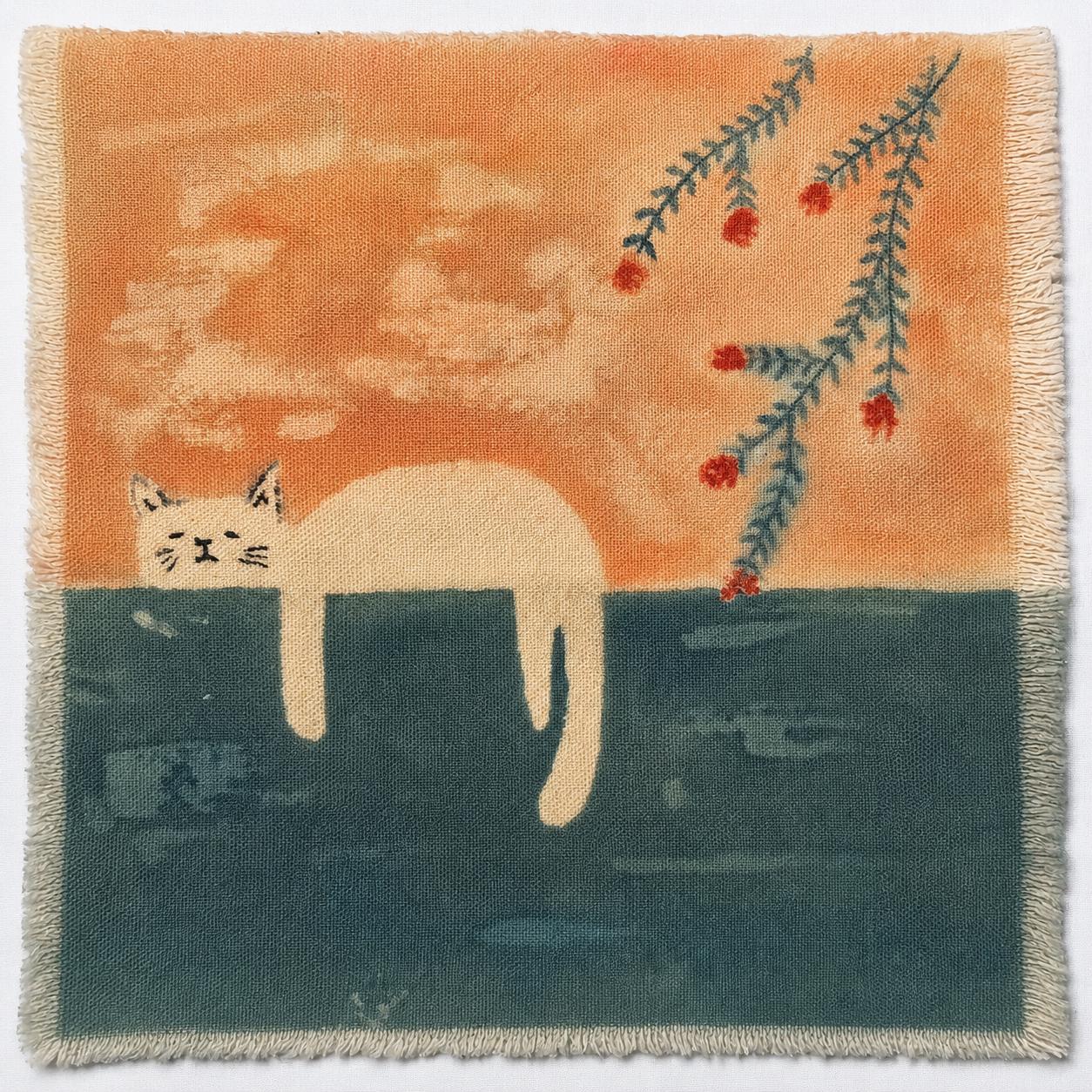 Handmade Cat Textile Wall Art | Lazy Cat Batik Wall Art | Framed Cat Decor | Cozy Home Decor | Gift for Cat Lovers