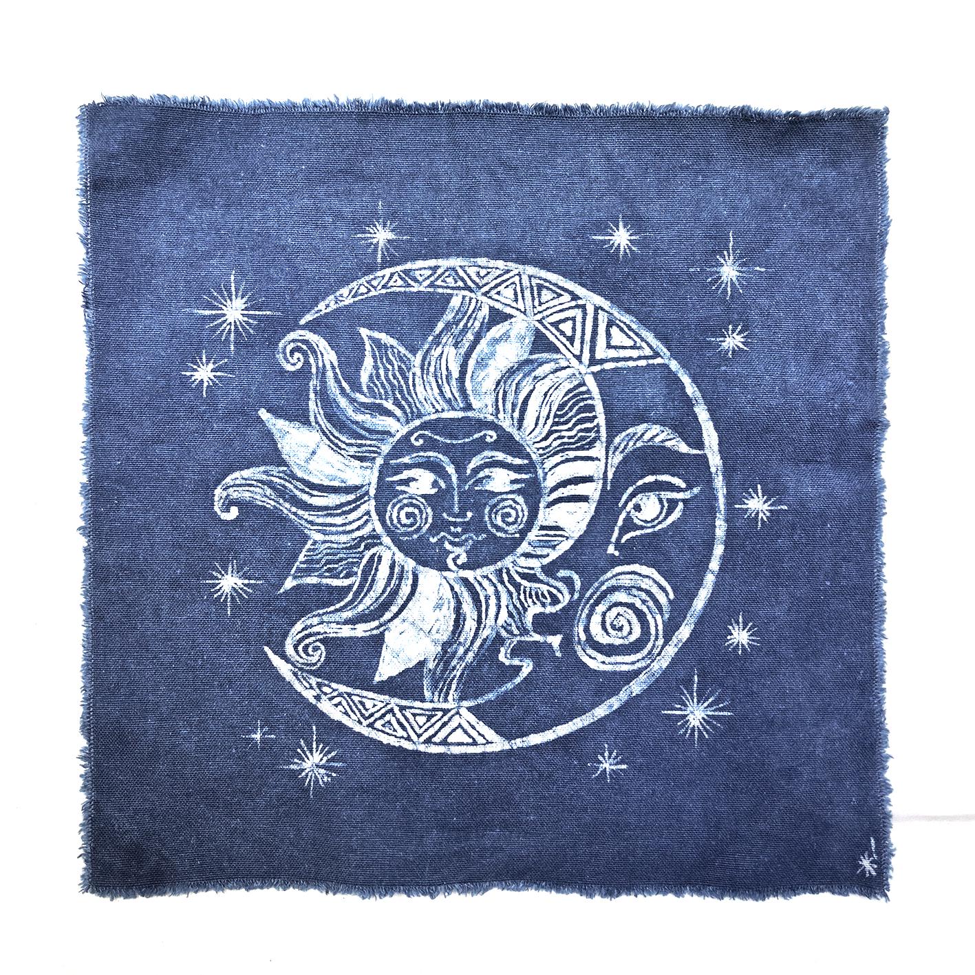 Celestial Textile Wall Art | Handmade Indigo Batik Sun & Moon Art | Zodiac Mandala Decor | Zen Home Decor | Housewarming Gift