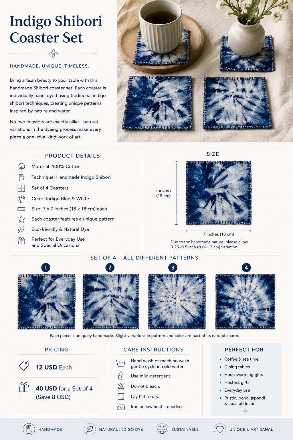 Handmade Indigo Shibori Fabric Coaster Set | Cotton Drink Coasters | Japanese Style Table Decor | Mug Mat | Housewarming Gift