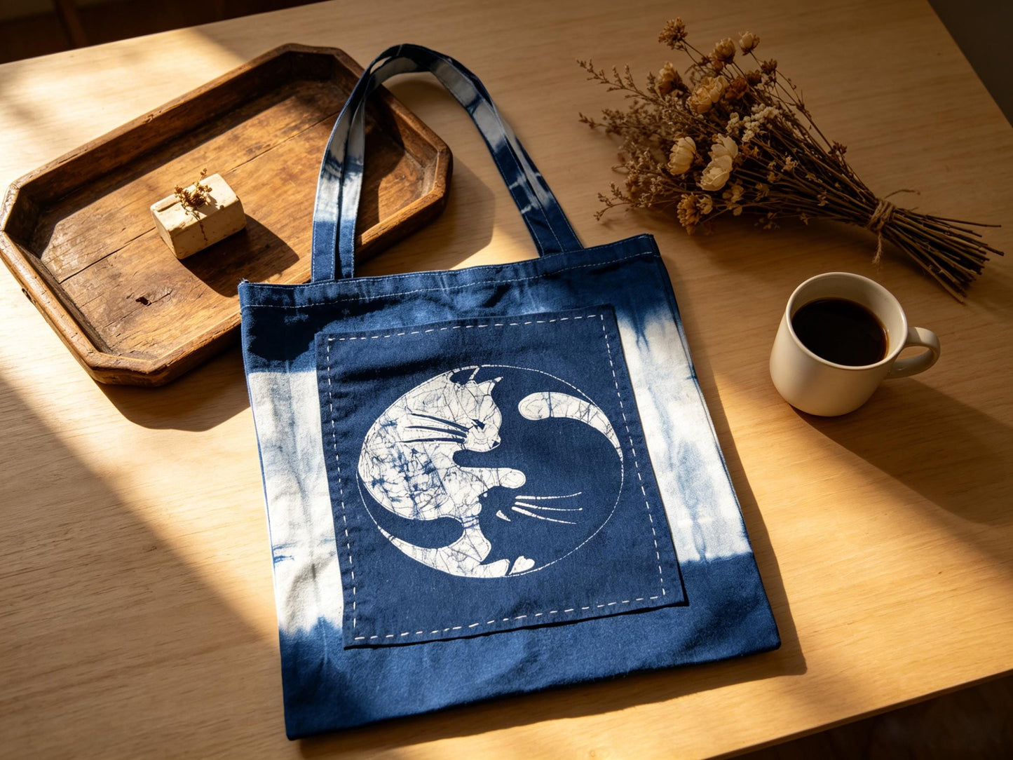 Handmade Cotton Cat Tote Bag | Indigo Batik Reversible Tote | Yin Yang Cat Shoulder Bag | Shibori Canvas Bag | Gift for Cat Lovers