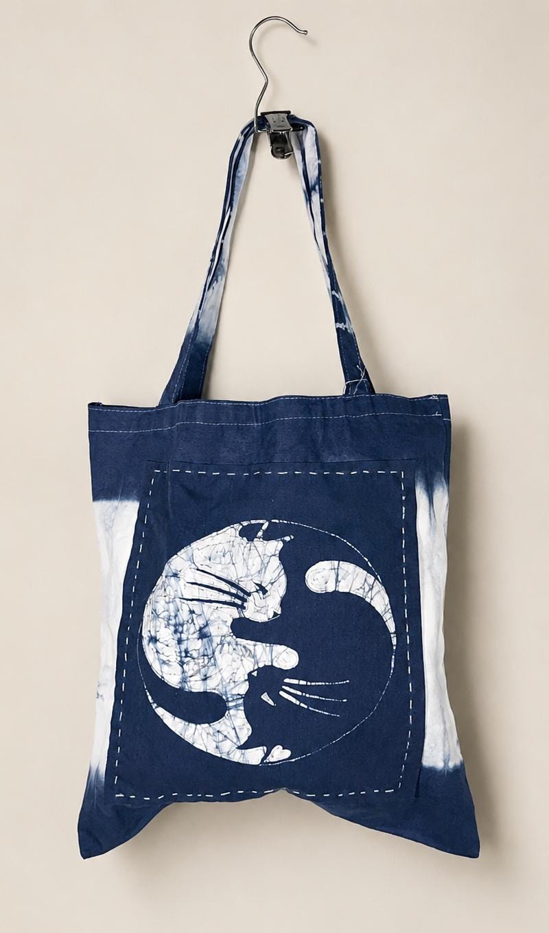 Handmade Cotton Cat Tote Bag | Indigo Batik Reversible Tote | Yin Yang Cat Shoulder Bag | Shibori Canvas Bag | Gift for Cat Lovers