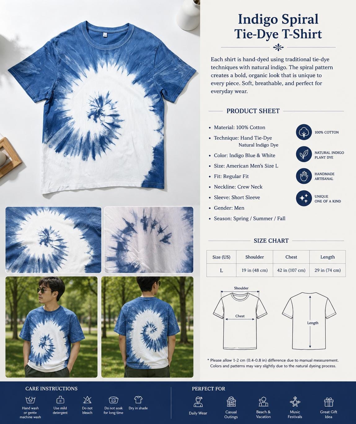 Handmade Indigo Tie-Dye T-Shirt | Natural Indigo Cotton Tee | Unisex Shibori Shirt | Artisan Everyday Wear | Gift for Her & Him