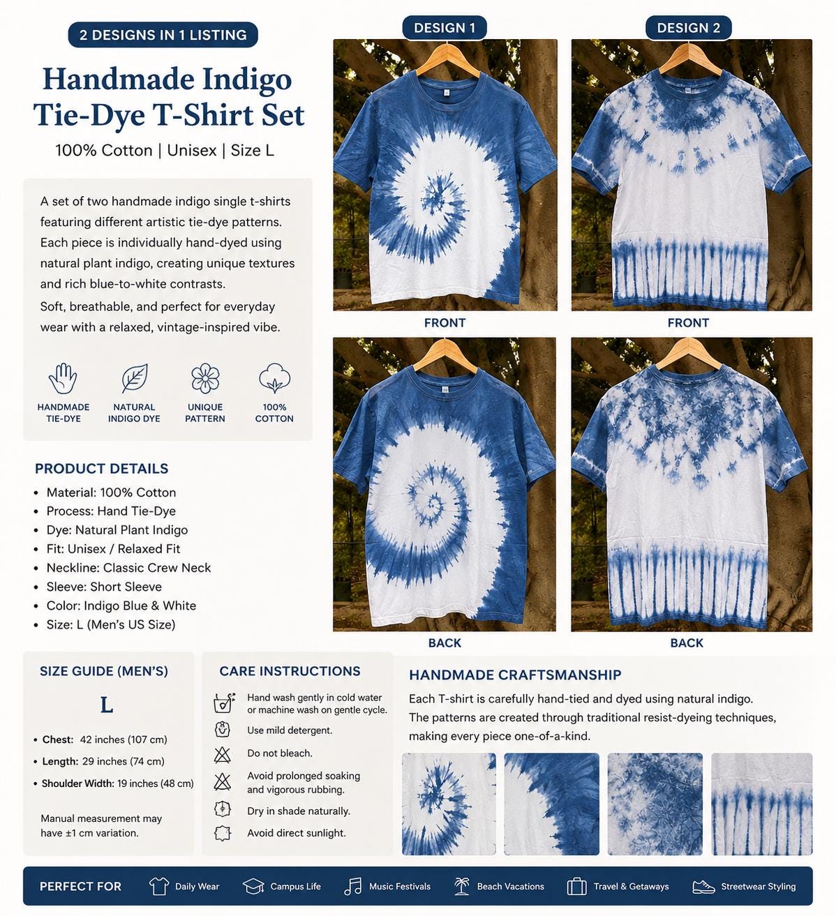 Handmade Indigo Tie-Dye T-Shirt | Natural Indigo Cotton Tee | Unisex Shibori Shirt | Artisan Everyday Wear | Gift for Her & Him