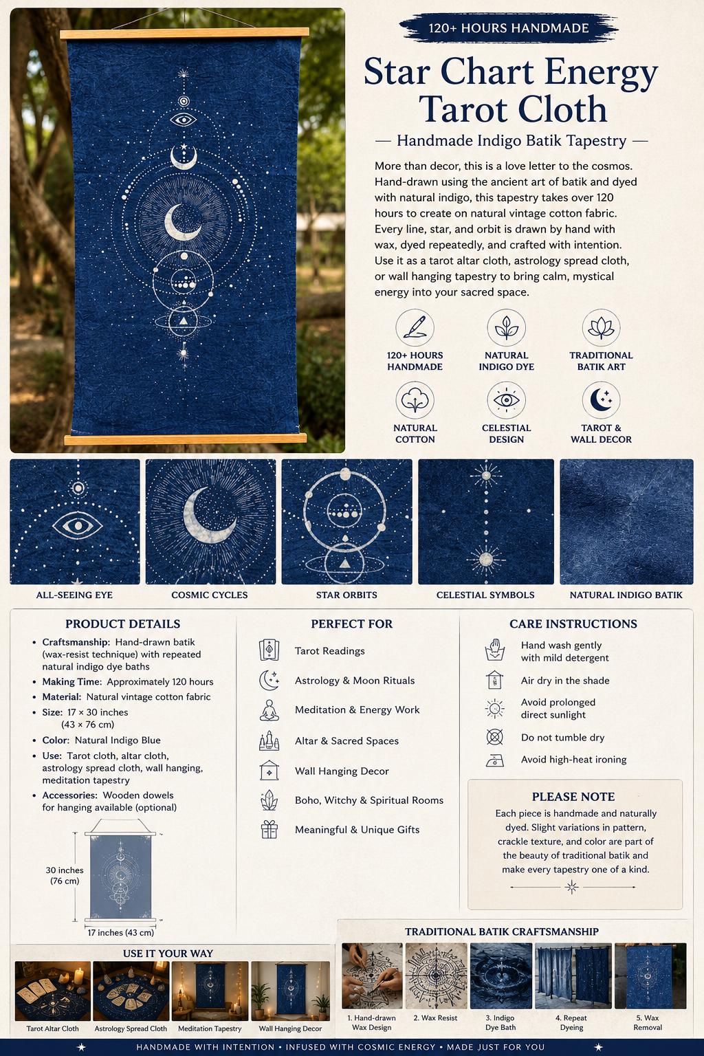 Handmade Tarot Cloth | Indigo Batik Altar Cloth | Celestial Textile Wall Art | Astrology Decor | Meditation Gift