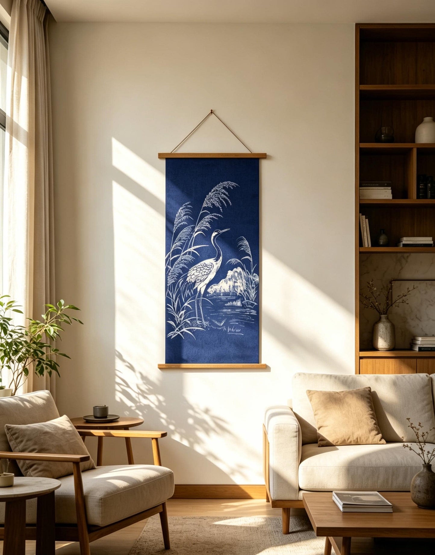Handmade Crane Textile Wall Art | Indigo Batik Wall Hanging | Zen Nature Home Decor | Wabi-Sabi Wall Art | Housewarming Gift