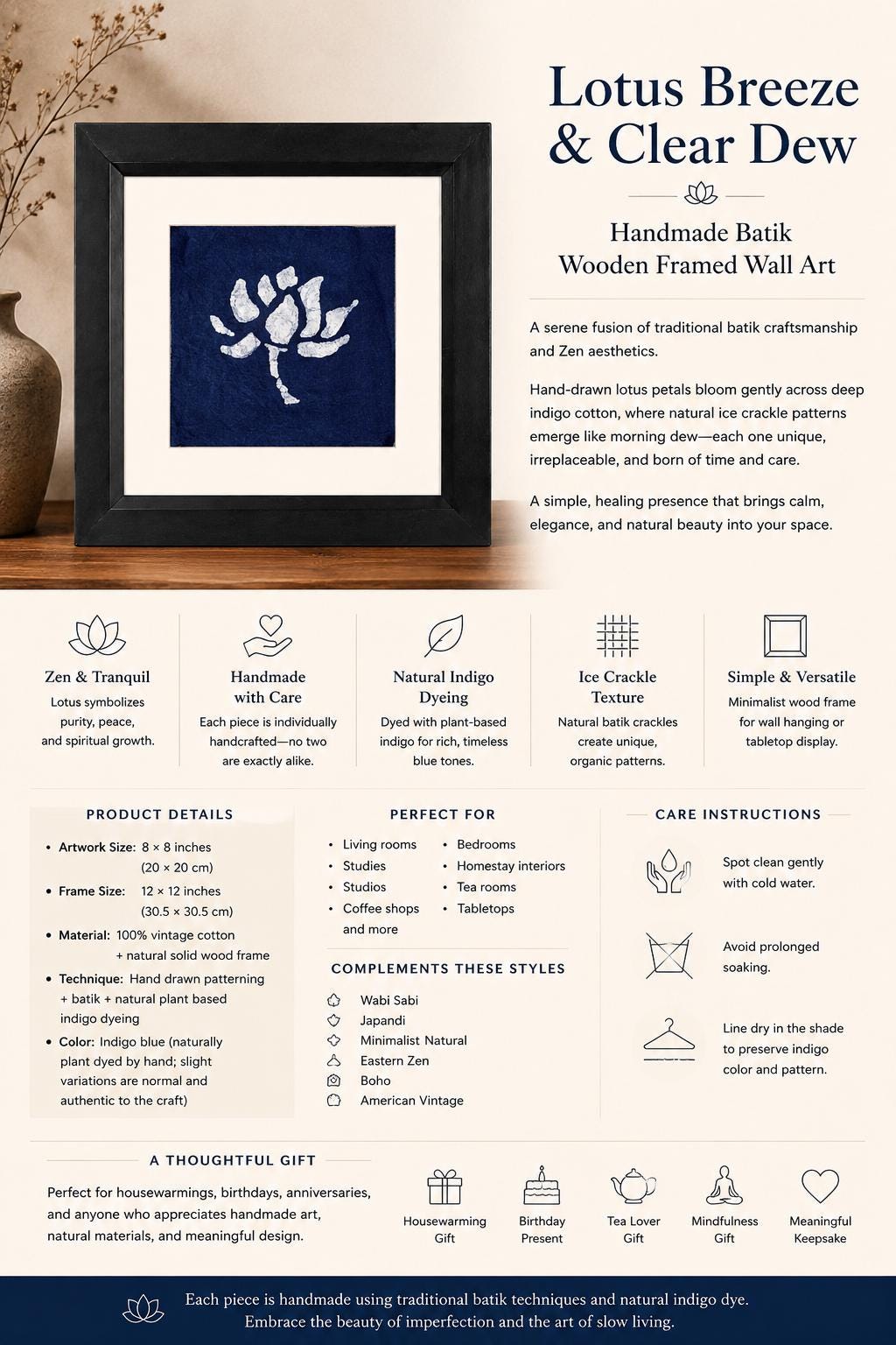 Lotus Textile Wall Art | Handmade Indigo Batik Art | Botanical Zen Home Decor | Tabletop or Wall Display | Housewarming Gift